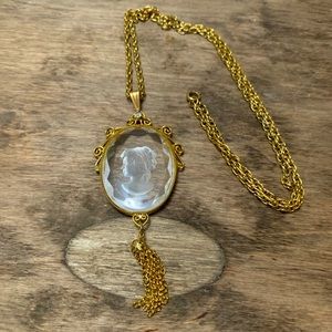Vintage Style Clear acrylic Cameo with Gold tone chain. Setting stone untested